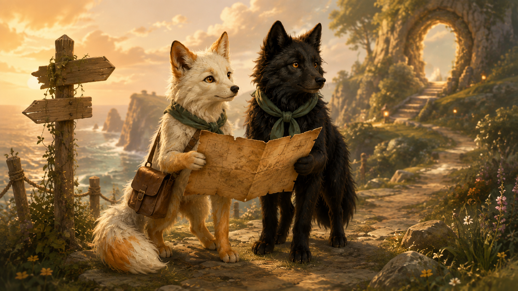 Fenn and Willow reading an old Explorer's map beside a wooden signpost on The Quiet Place Quest