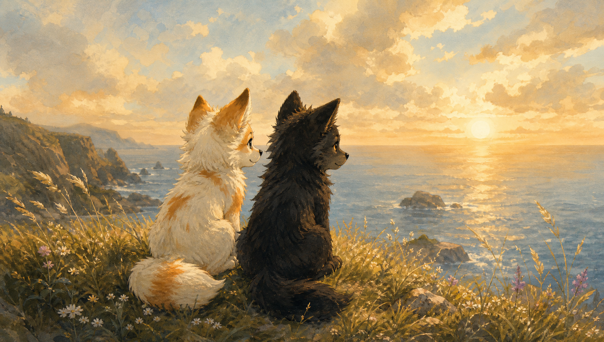Fenn the Fox, Willow the Wolf and the little blue bird beginning a calm beach adventure