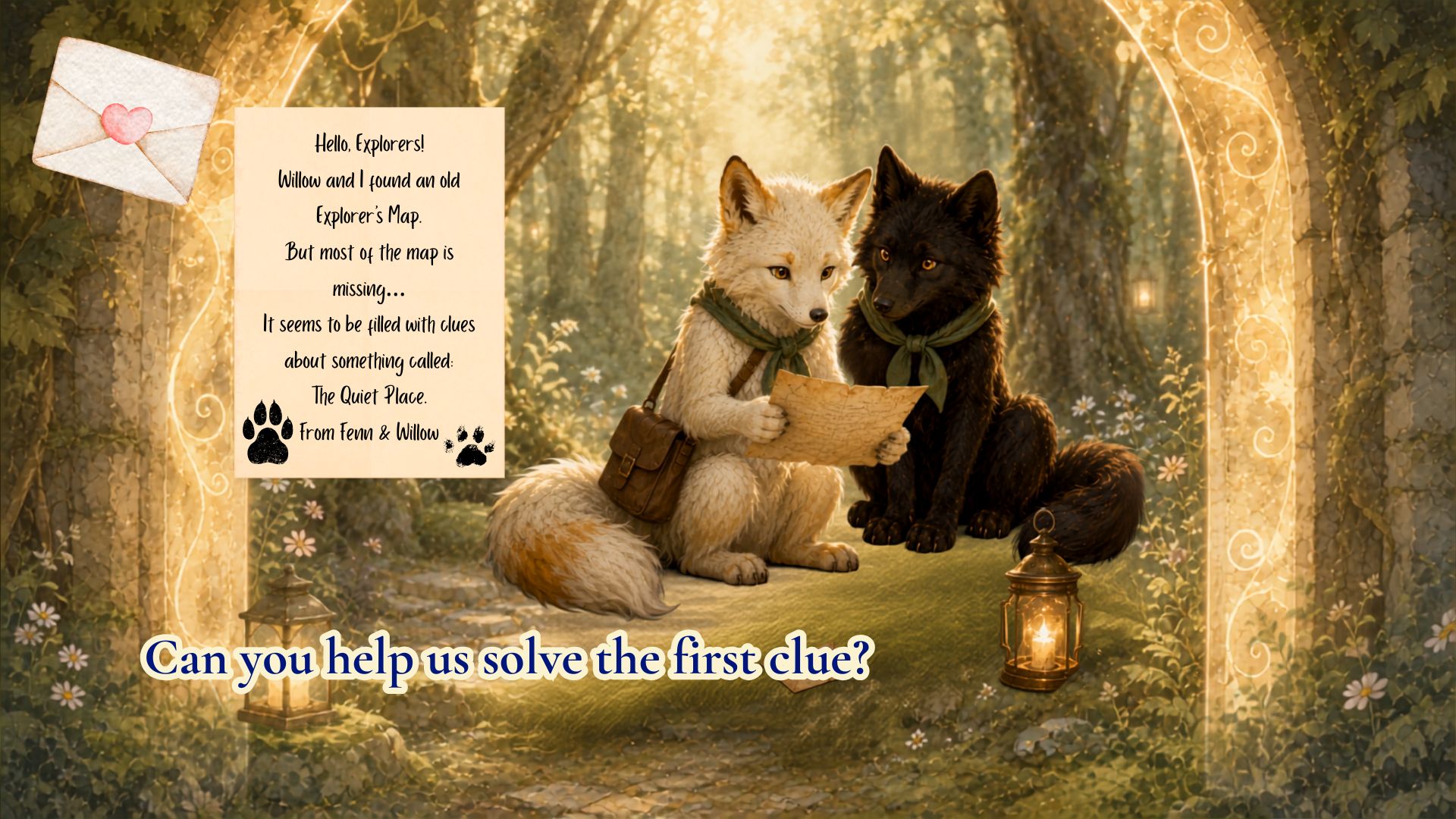A letter from Fenn and Willow beside the two friends reading an old Explorer's map in a glowing forest
